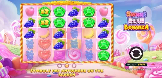 Sweet Rush Bonanza gameplay — 6x5 grid with candy symbols and multiplier spots